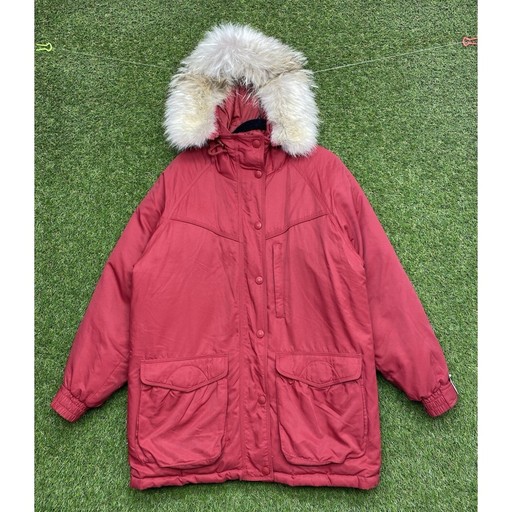 Cabela's Goose Down Parka Jacket Womens Small Coyote Fur Hood Red Winter Coat